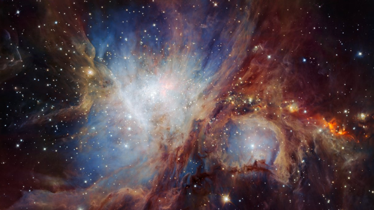 Rendu en fausse couleur de la nébuleuse d'Orion par le téléscope infrarouge